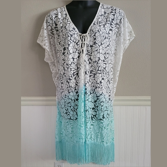 Beaches & Boho Coverup Cape Dress White Turquoise Green Lace Fringe Tie Swim S/M - Picture 1 of 7